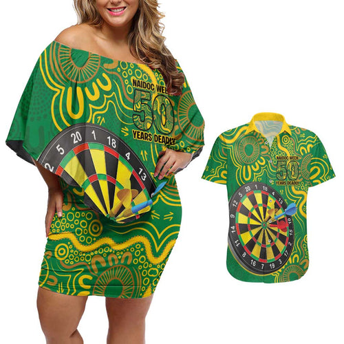 First Nations Darts NAIDOC 2026 Couples Matching Off Shoulder Short Dress and Hawaiian Shirt Aboriginal Dot Art Dartboard Green