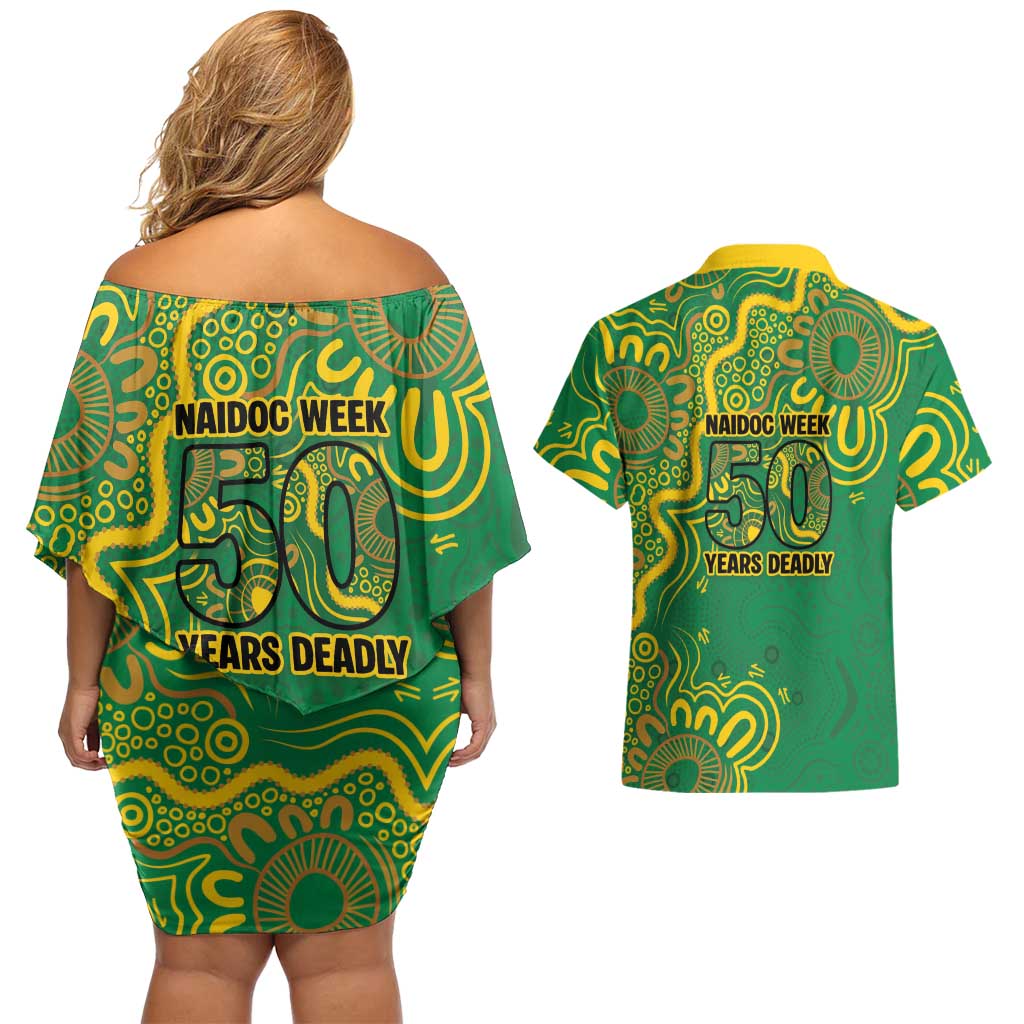 First Nations Darts NAIDOC 2026 Couples Matching Off Shoulder Short Dress and Hawaiian Shirt Aboriginal Dot Art Dartboard Green