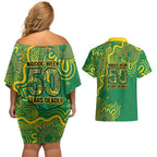 First Nations Darts NAIDOC 2026 Couples Matching Off Shoulder Short Dress and Hawaiian Shirt Aboriginal Dot Art Dartboard Green