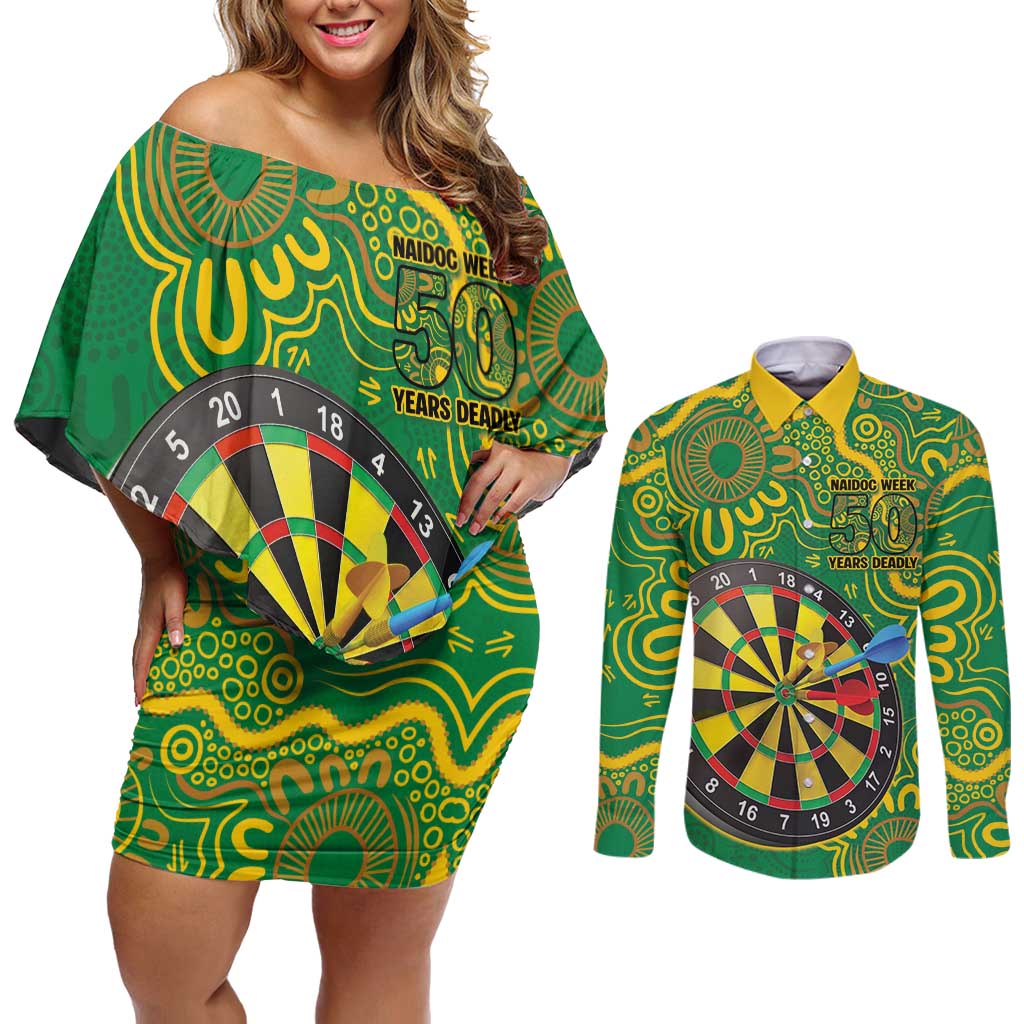 First Nations Darts NAIDOC 2026 Couples Matching Off Shoulder Short Dress and Long Sleeve Button Shirt Aboriginal Dot Art Dartboard Green