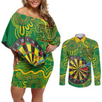 First Nations Darts NAIDOC 2026 Couples Matching Off Shoulder Short Dress and Long Sleeve Button Shirt Aboriginal Dot Art Dartboard Green