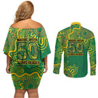 First Nations Darts NAIDOC 2026 Couples Matching Off Shoulder Short Dress and Long Sleeve Button Shirt Aboriginal Dot Art Dartboard Green
