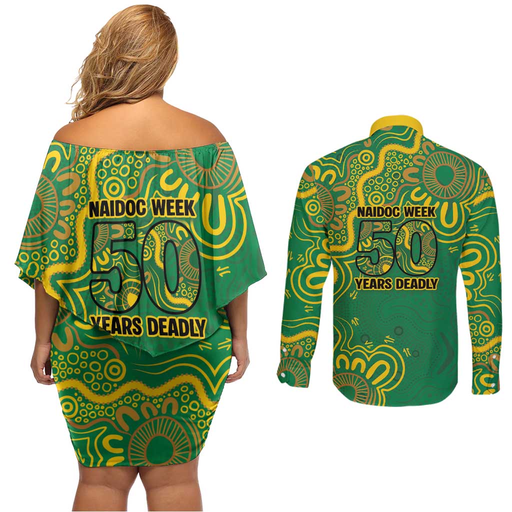 First Nations Darts NAIDOC 2026 Couples Matching Off Shoulder Short Dress and Long Sleeve Button Shirt Aboriginal Dot Art Dartboard Green