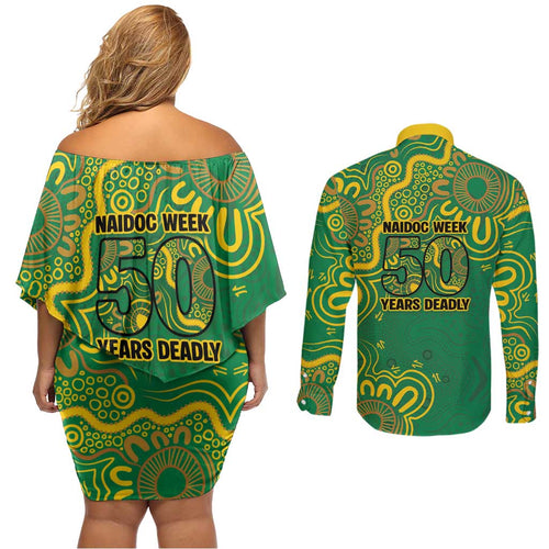 First Nations Darts NAIDOC 2026 Couples Matching Off Shoulder Short Dress and Long Sleeve Button Shirt Aboriginal Dot Art Dartboard Green