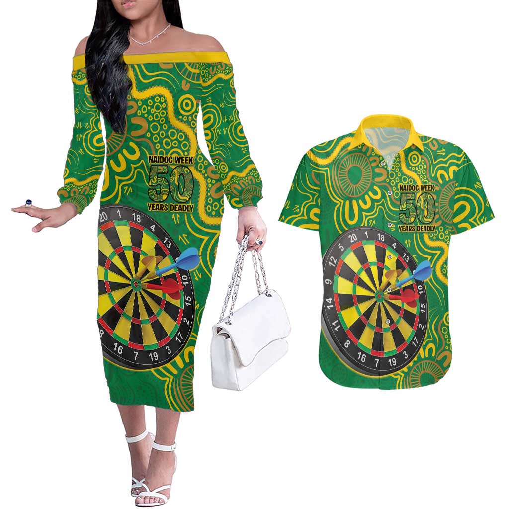 First Nations Darts NAIDOC 2026 Couples Matching Off The Shoulder Long Sleeve Dress and Hawaiian Shirt Aboriginal Dot Art Dartboard Green