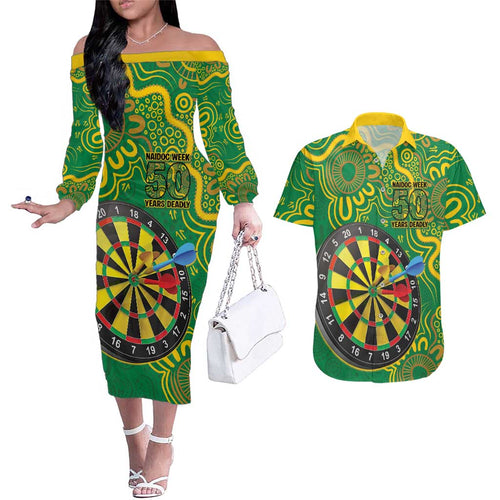 First Nations Darts NAIDOC 2026 Couples Matching Off The Shoulder Long Sleeve Dress and Hawaiian Shirt Aboriginal Dot Art Dartboard Green