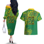 First Nations Darts NAIDOC 2026 Couples Matching Off The Shoulder Long Sleeve Dress and Hawaiian Shirt Aboriginal Dot Art Dartboard Green