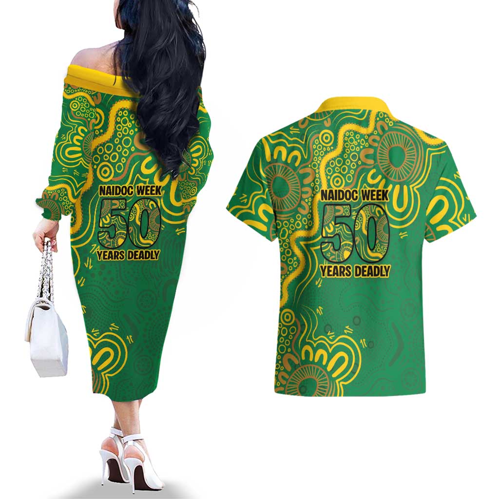 First Nations Darts NAIDOC 2026 Couples Matching Off The Shoulder Long Sleeve Dress and Hawaiian Shirt Aboriginal Dot Art Dartboard Green