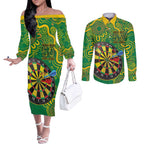 First Nations Darts NAIDOC 2026 Couples Matching Off The Shoulder Long Sleeve Dress and Long Sleeve Button Shirt Aboriginal Dot Art Dartboard Green