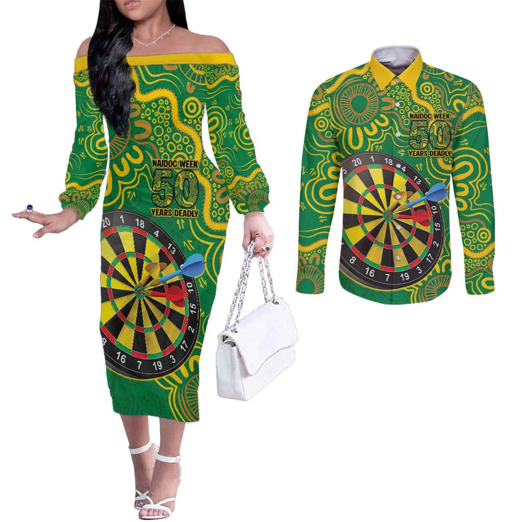 First Nations Darts NAIDOC 2026 Couples Matching Off The Shoulder Long Sleeve Dress and Long Sleeve Button Shirt Aboriginal Dot Art Dartboard Green