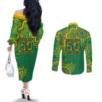 First Nations Darts NAIDOC 2026 Couples Matching Off The Shoulder Long Sleeve Dress and Long Sleeve Button Shirt Aboriginal Dot Art Dartboard Green