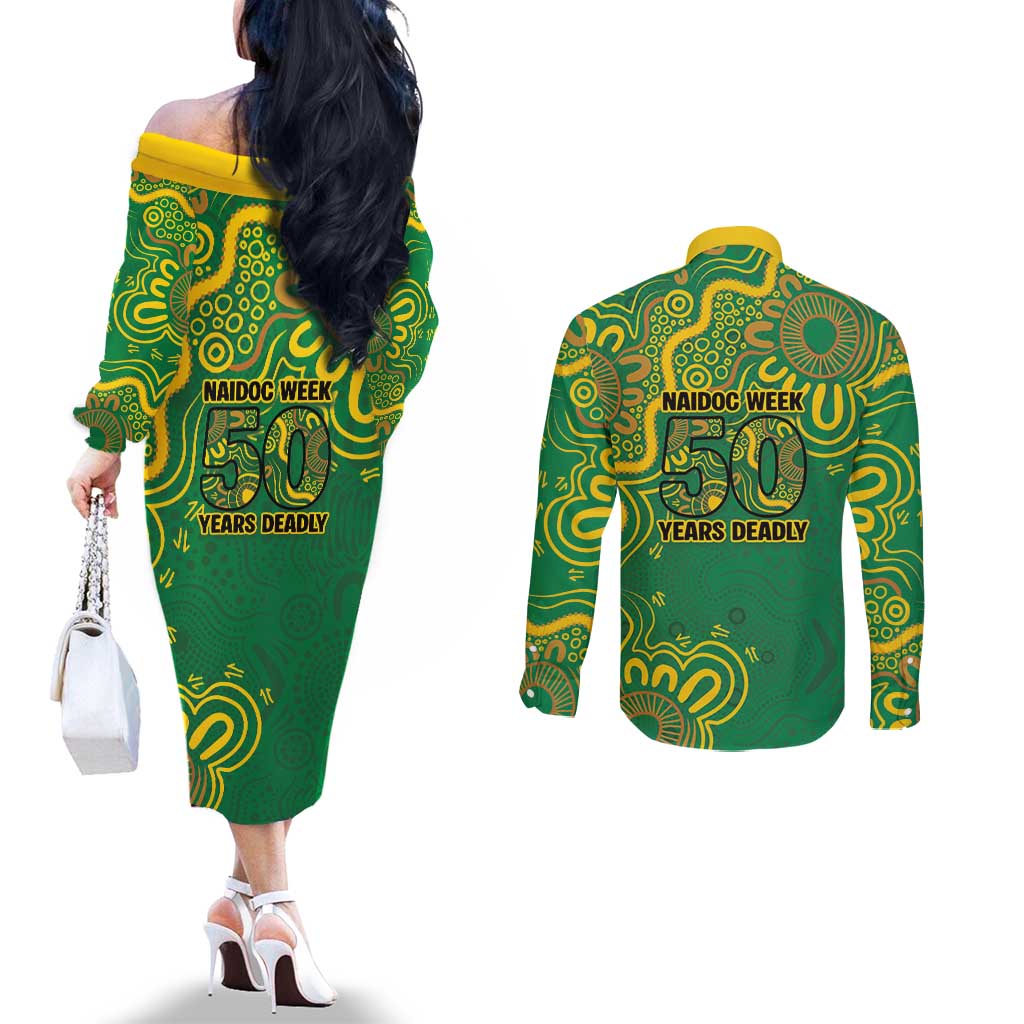 First Nations Darts NAIDOC 2026 Couples Matching Off The Shoulder Long Sleeve Dress and Long Sleeve Button Shirt Aboriginal Dot Art Dartboard Green
