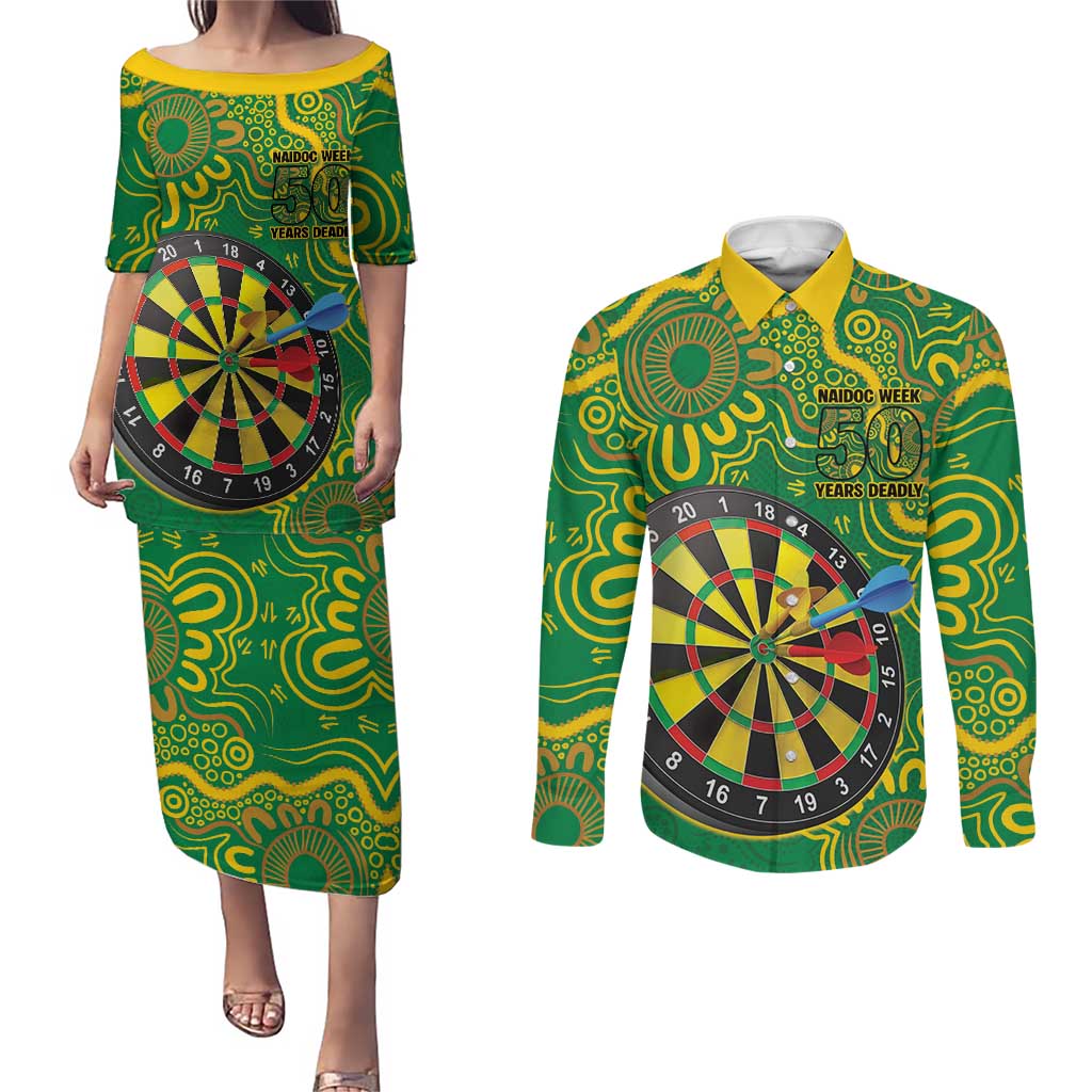 First Nations Darts NAIDOC 2026 Couples Matching Puletasi and Long Sleeve Button Shirt Aboriginal Dot Art Dartboard Green