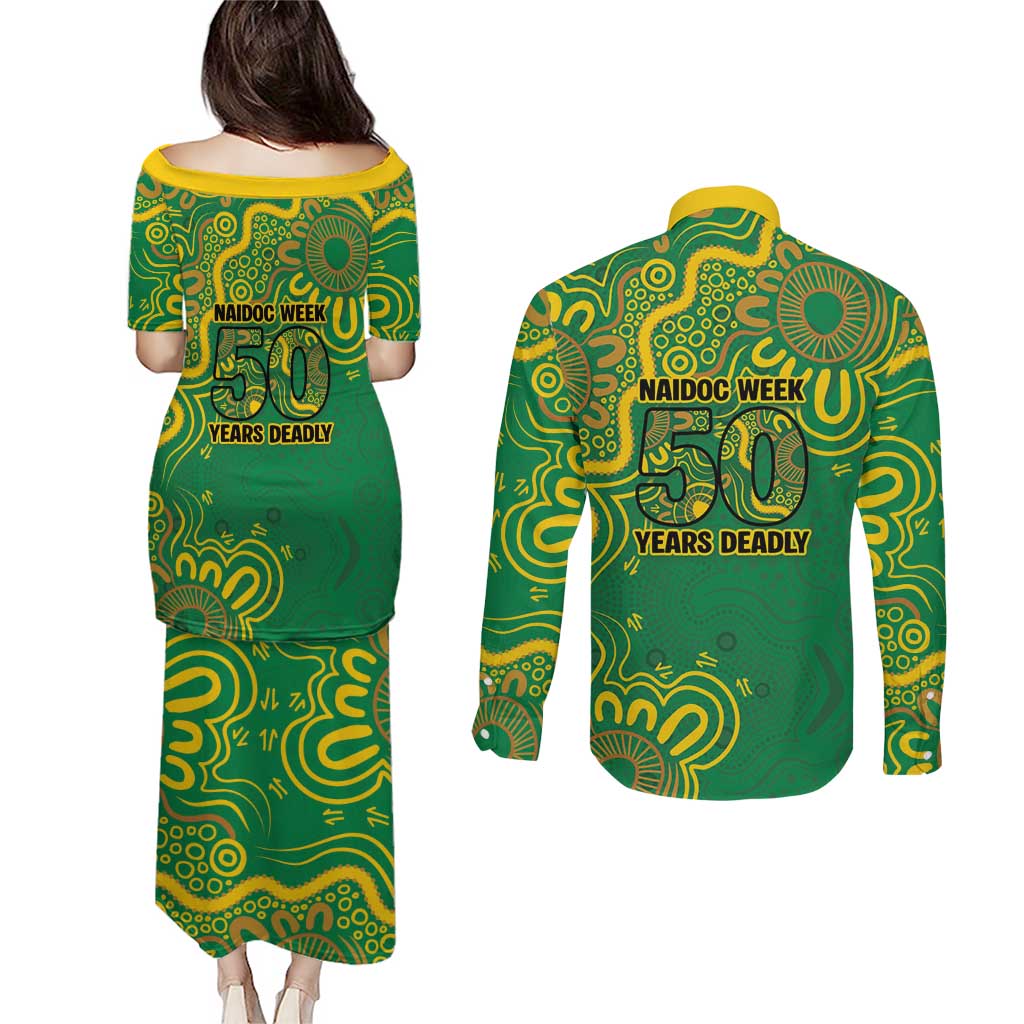 First Nations Darts NAIDOC 2026 Couples Matching Puletasi and Long Sleeve Button Shirt Aboriginal Dot Art Dartboard Green