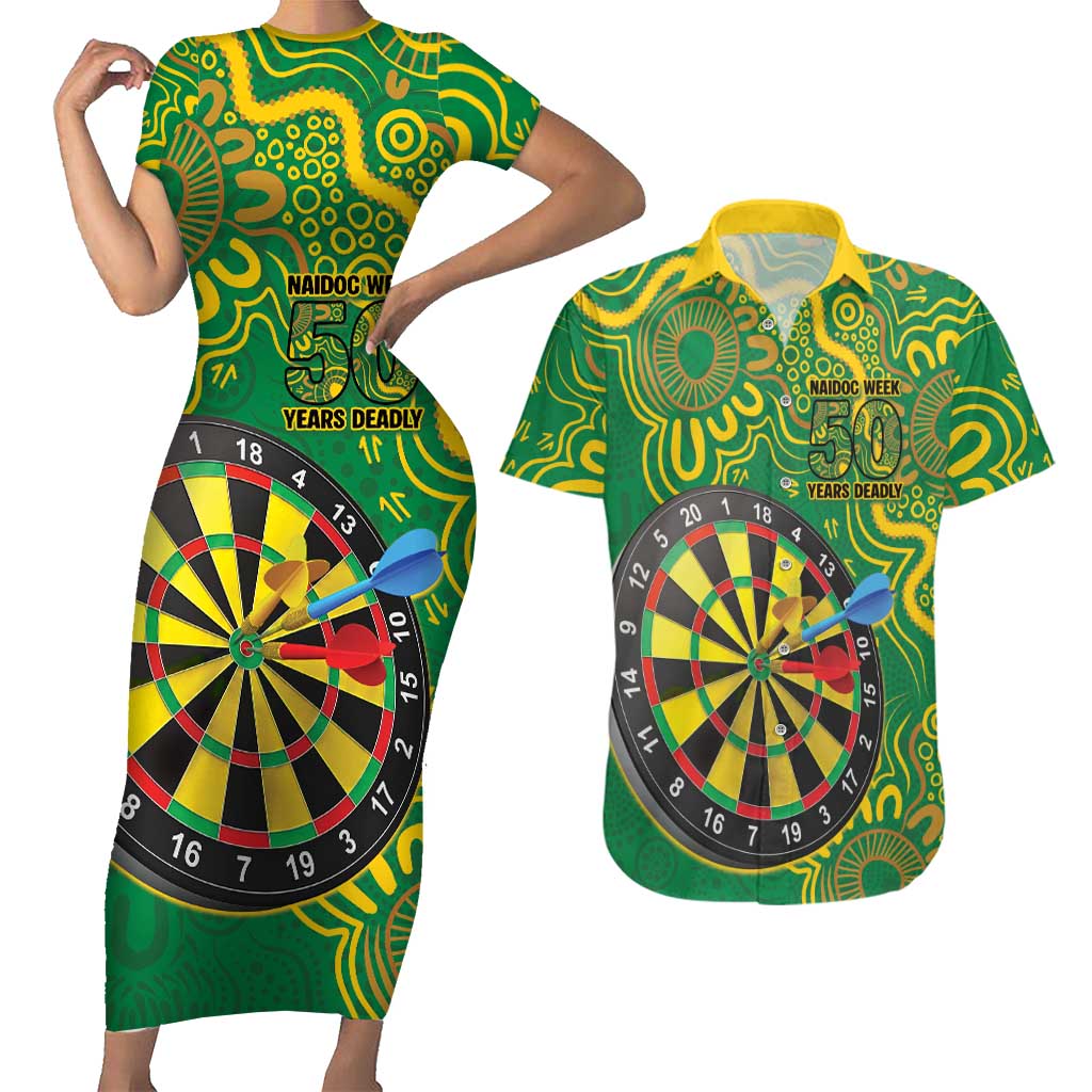 First Nations Darts NAIDOC 2026 Couples Matching Short Sleeve Bodycon Dress and Hawaiian Shirt Aboriginal Dot Art Dartboard Green