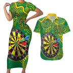 First Nations Darts NAIDOC 2026 Couples Matching Short Sleeve Bodycon Dress and Hawaiian Shirt Aboriginal Dot Art Dartboard Green