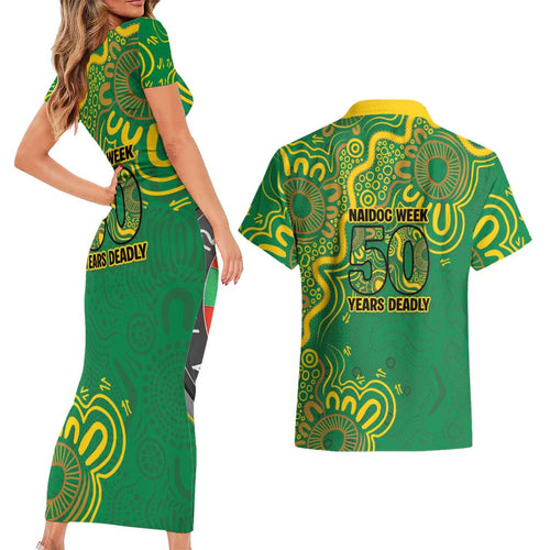 First Nations Darts NAIDOC 2026 Couples Matching Short Sleeve Bodycon Dress and Hawaiian Shirt Aboriginal Dot Art Dartboard Green