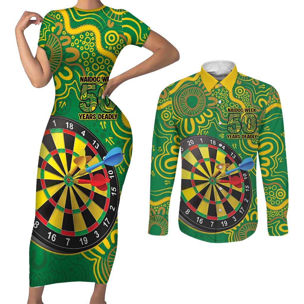First Nations Darts NAIDOC 2026 Couples Matching Short Sleeve Bodycon Dress and Long Sleeve Button Shirt Aboriginal Dot Art Dartboard Green
