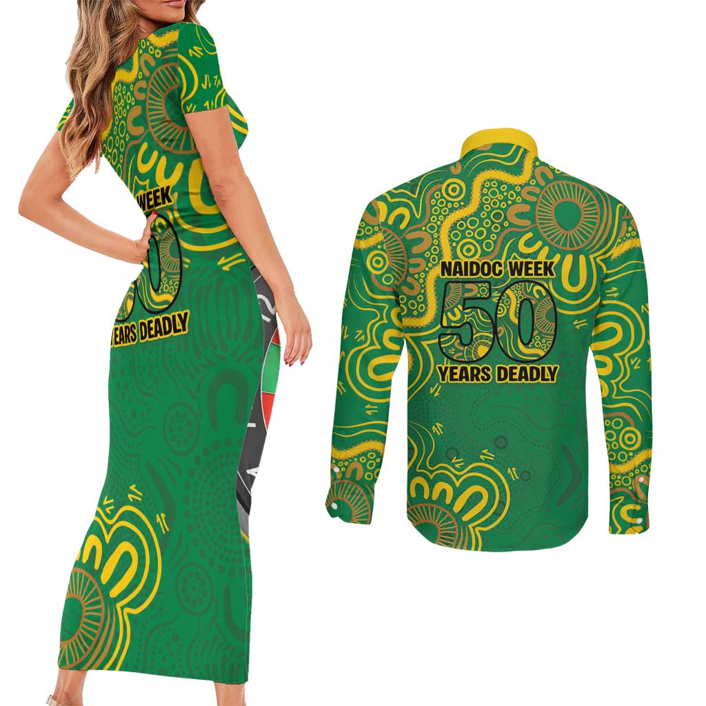 First Nations Darts NAIDOC 2026 Couples Matching Short Sleeve Bodycon Dress and Long Sleeve Button Shirt Aboriginal Dot Art Dartboard Green