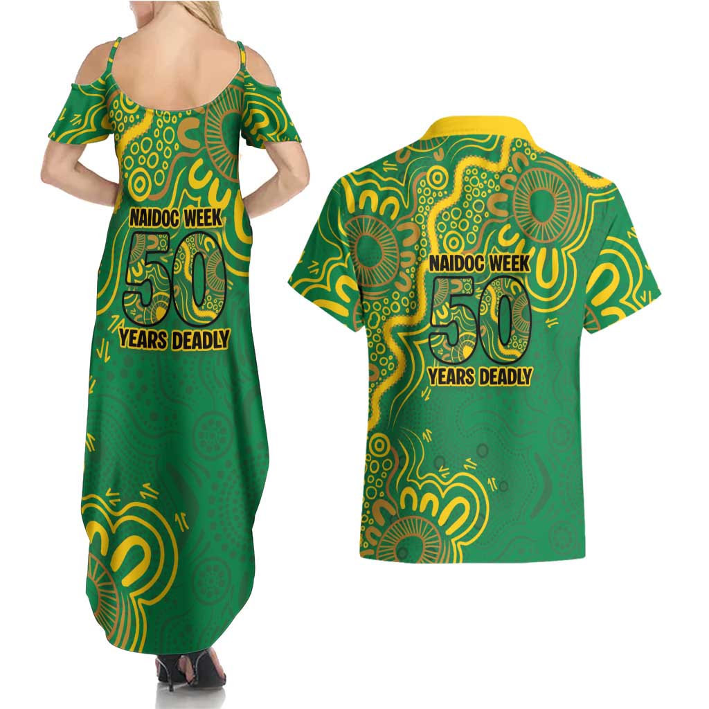 First Nations Darts NAIDOC 2026 Couples Matching Summer Maxi Dress and Hawaiian Shirt Aboriginal Dot Art Dartboard Green