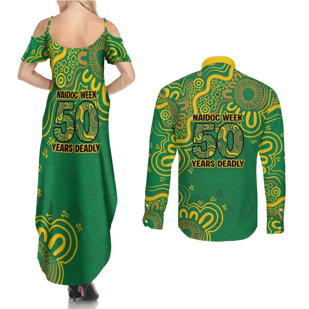 First Nations Darts NAIDOC 2026 Couples Matching Summer Maxi Dress and Long Sleeve Button Shirt Aboriginal Dot Art Dartboard Green