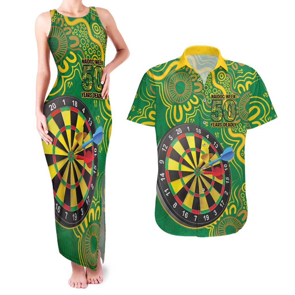 First Nations Darts NAIDOC 2026 Couples Matching Tank Maxi Dress and Hawaiian Shirt Aboriginal Dot Art Dartboard Green