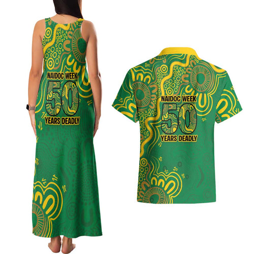 First Nations Darts NAIDOC 2026 Couples Matching Tank Maxi Dress and Hawaiian Shirt Aboriginal Dot Art Dartboard Green
