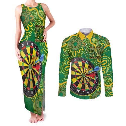First Nations Darts NAIDOC 2026 Couples Matching Tank Maxi Dress and Long Sleeve Button Shirt Aboriginal Dot Art Dartboard Green