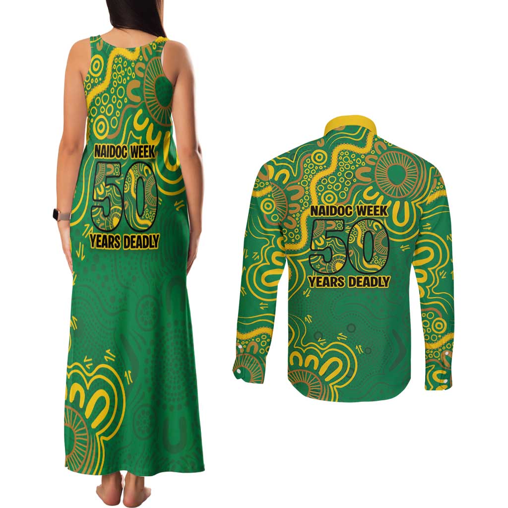 First Nations Darts NAIDOC 2026 Couples Matching Tank Maxi Dress and Long Sleeve Button Shirt Aboriginal Dot Art Dartboard Green