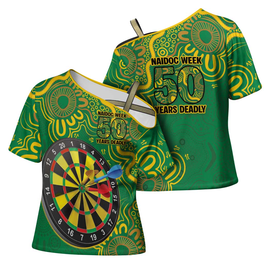 First Nations Darts NAIDOC 2026 Cross Shoulder Shirt Aboriginal Dot Art Dartboard Green