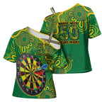 First Nations Darts NAIDOC 2026 Cross Shoulder Shirt Aboriginal Dot Art Dartboard Green