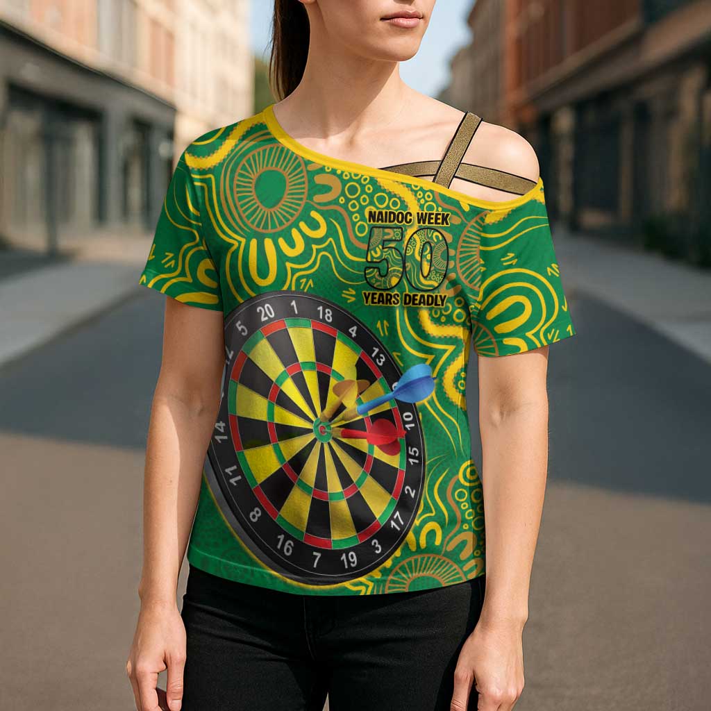 First Nations Darts NAIDOC 2026 Cross Shoulder Shirt Aboriginal Dot Art Dartboard Green