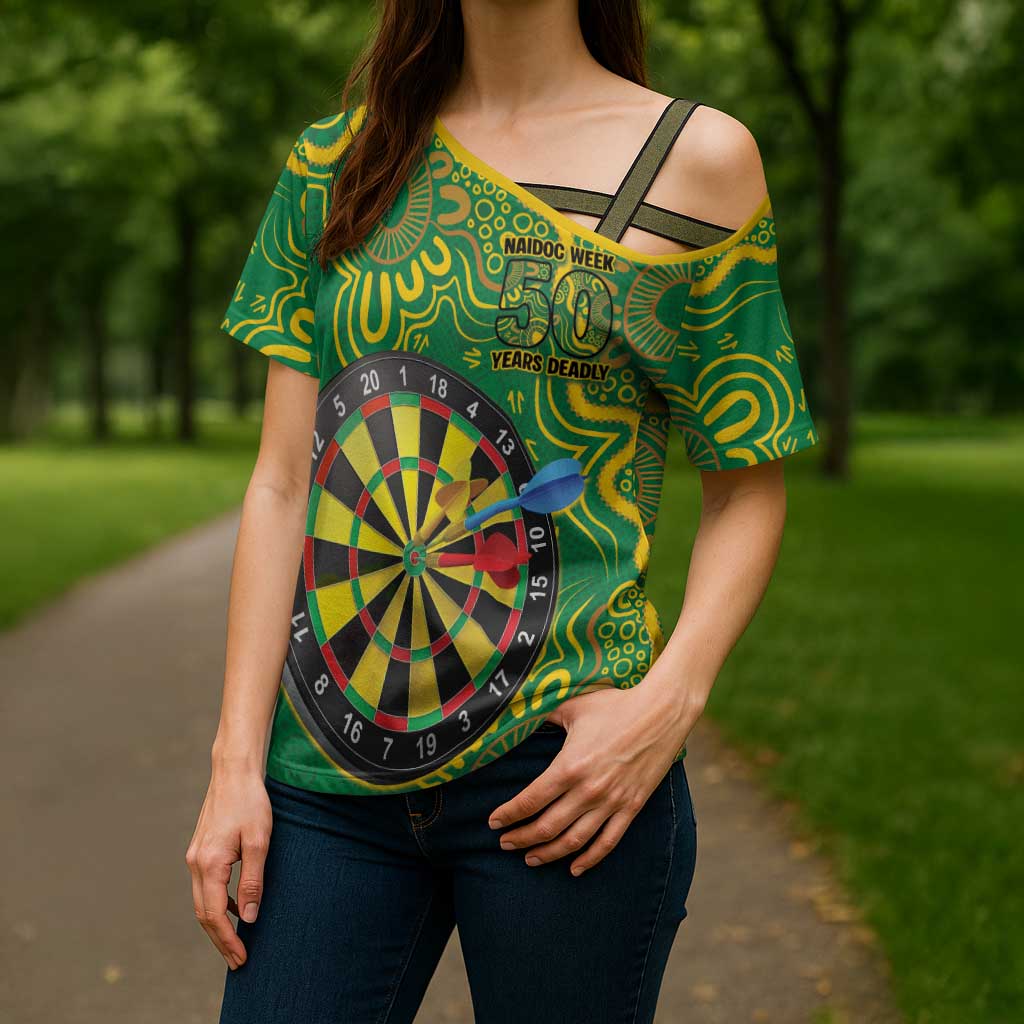 First Nations Darts NAIDOC 2026 Cross Shoulder Shirt Aboriginal Dot Art Dartboard Green