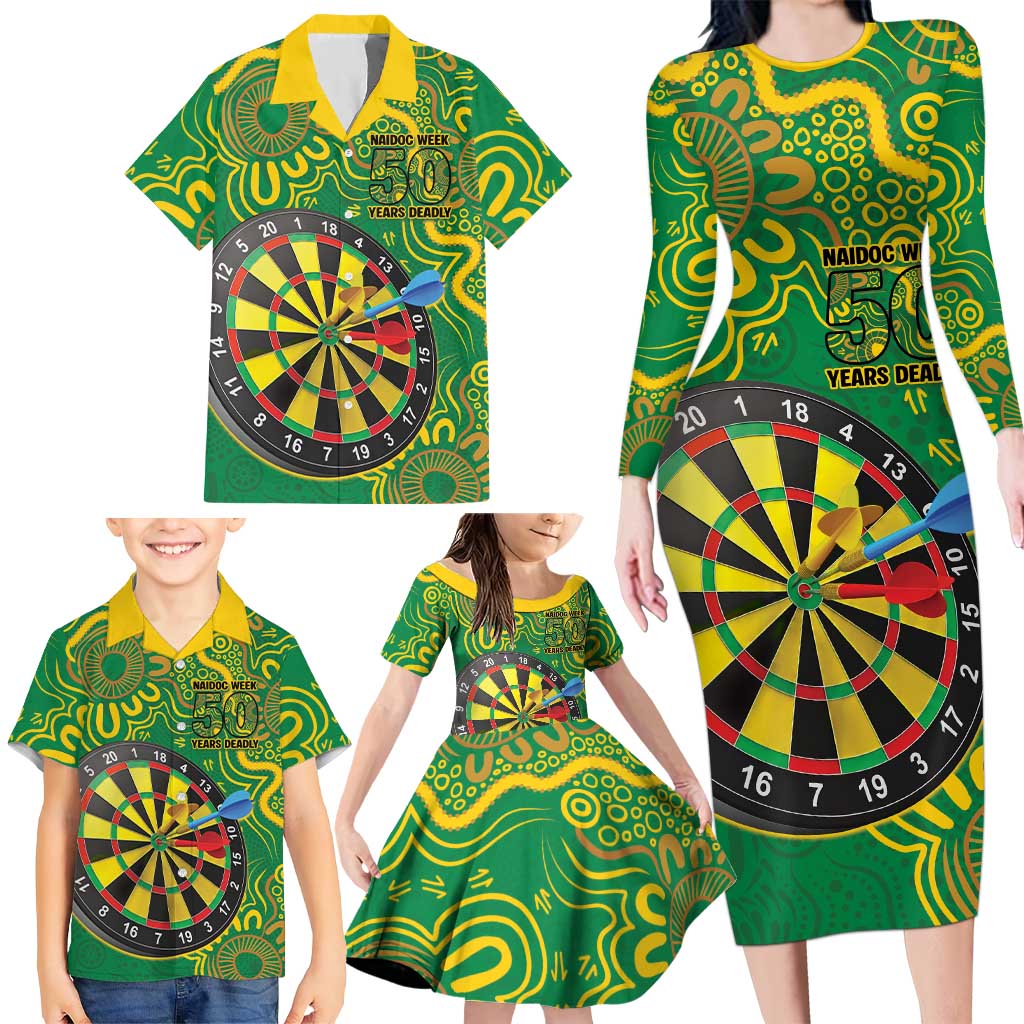 First Nations Darts NAIDOC 2026 Family Matching Long Sleeve Bodycon Dress and Hawaiian Shirt Aboriginal Dot Art Dartboard Green