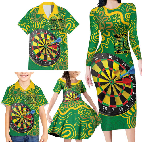First Nations Darts NAIDOC 2026 Family Matching Long Sleeve Bodycon Dress and Hawaiian Shirt Aboriginal Dot Art Dartboard Green