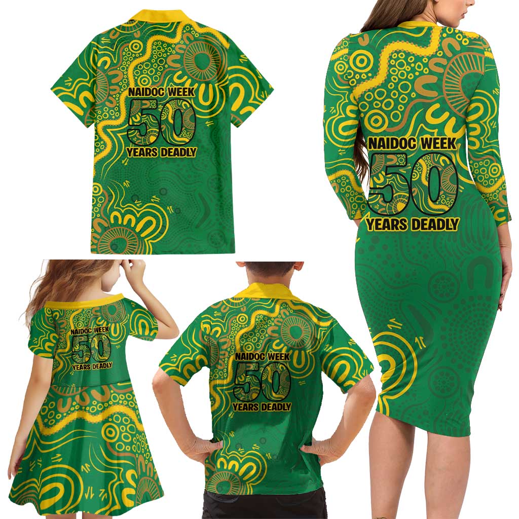 First Nations Darts NAIDOC 2026 Family Matching Long Sleeve Bodycon Dress and Hawaiian Shirt Aboriginal Dot Art Dartboard Green
