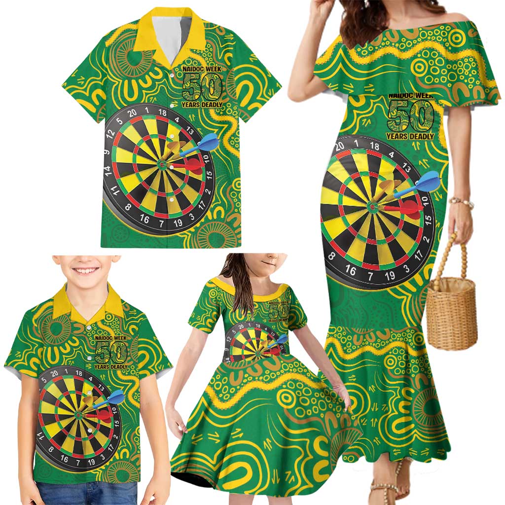 First Nations Darts NAIDOC 2026 Family Matching Mermaid Dress and Hawaiian Shirt Aboriginal Dot Art Dartboard Green