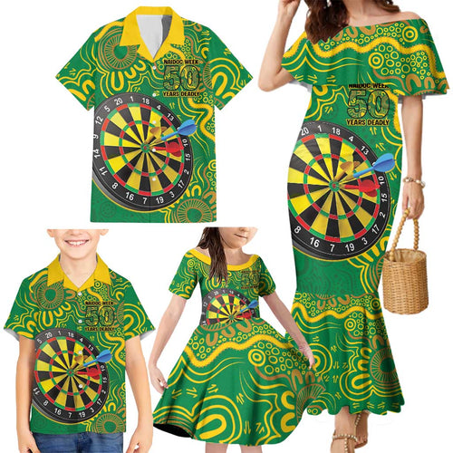 First Nations Darts NAIDOC 2026 Family Matching Mermaid Dress and Hawaiian Shirt Aboriginal Dot Art Dartboard Green