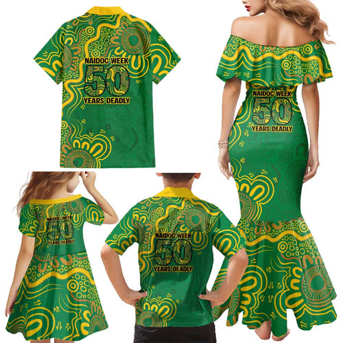 First Nations Darts NAIDOC 2026 Family Matching Mermaid Dress and Hawaiian Shirt Aboriginal Dot Art Dartboard Green