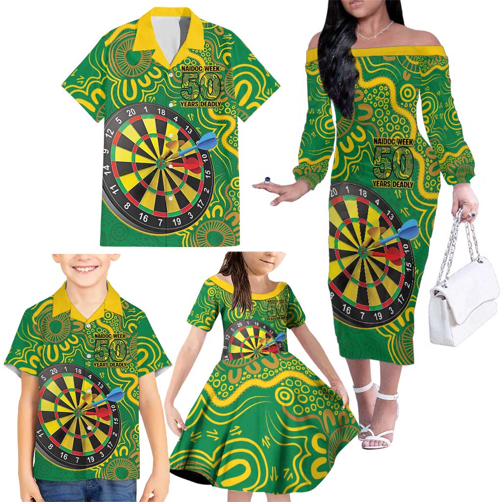 First Nations Darts NAIDOC 2026 Family Matching Off The Shoulder Long Sleeve Dress and Hawaiian Shirt Aboriginal Dot Art Dartboard Green