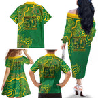 First Nations Darts NAIDOC 2026 Family Matching Off The Shoulder Long Sleeve Dress and Hawaiian Shirt Aboriginal Dot Art Dartboard Green