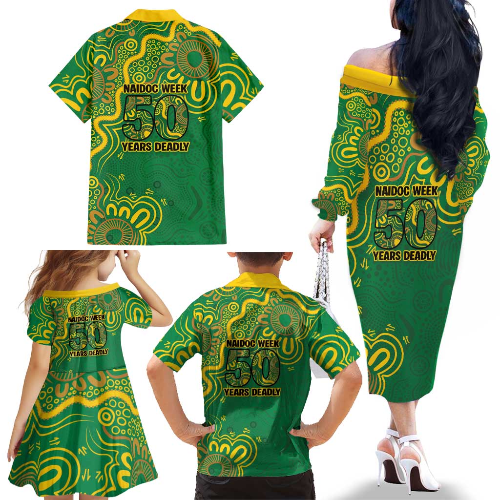 First Nations Darts NAIDOC 2026 Family Matching Off The Shoulder Long Sleeve Dress and Hawaiian Shirt Aboriginal Dot Art Dartboard Green