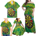 First Nations Darts NAIDOC 2026 Family Matching Off Shoulder Maxi Dress and Hawaiian Shirt Aboriginal Dot Art Dartboard Green