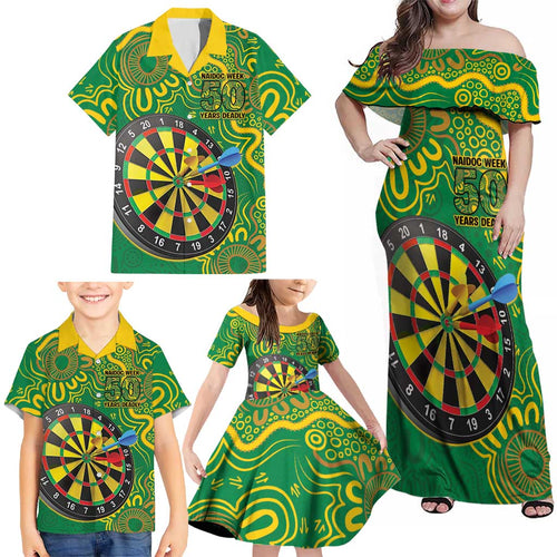 First Nations Darts NAIDOC 2026 Family Matching Off Shoulder Maxi Dress and Hawaiian Shirt Aboriginal Dot Art Dartboard Green