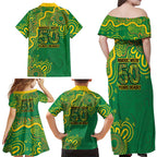 First Nations Darts NAIDOC 2026 Family Matching Off Shoulder Maxi Dress and Hawaiian Shirt Aboriginal Dot Art Dartboard Green