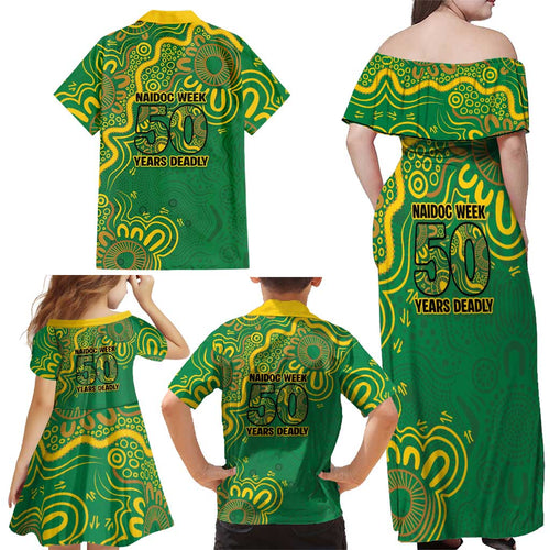 First Nations Darts NAIDOC 2026 Family Matching Off Shoulder Maxi Dress and Hawaiian Shirt Aboriginal Dot Art Dartboard Green