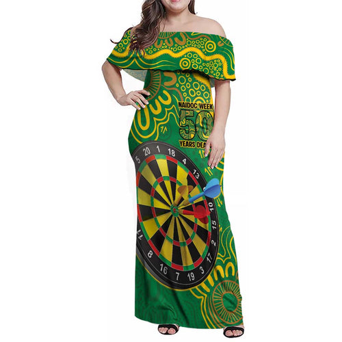 First Nations Darts NAIDOC 2026 Family Matching Off Shoulder Maxi Dress and Hawaiian Shirt Aboriginal Dot Art Dartboard Green