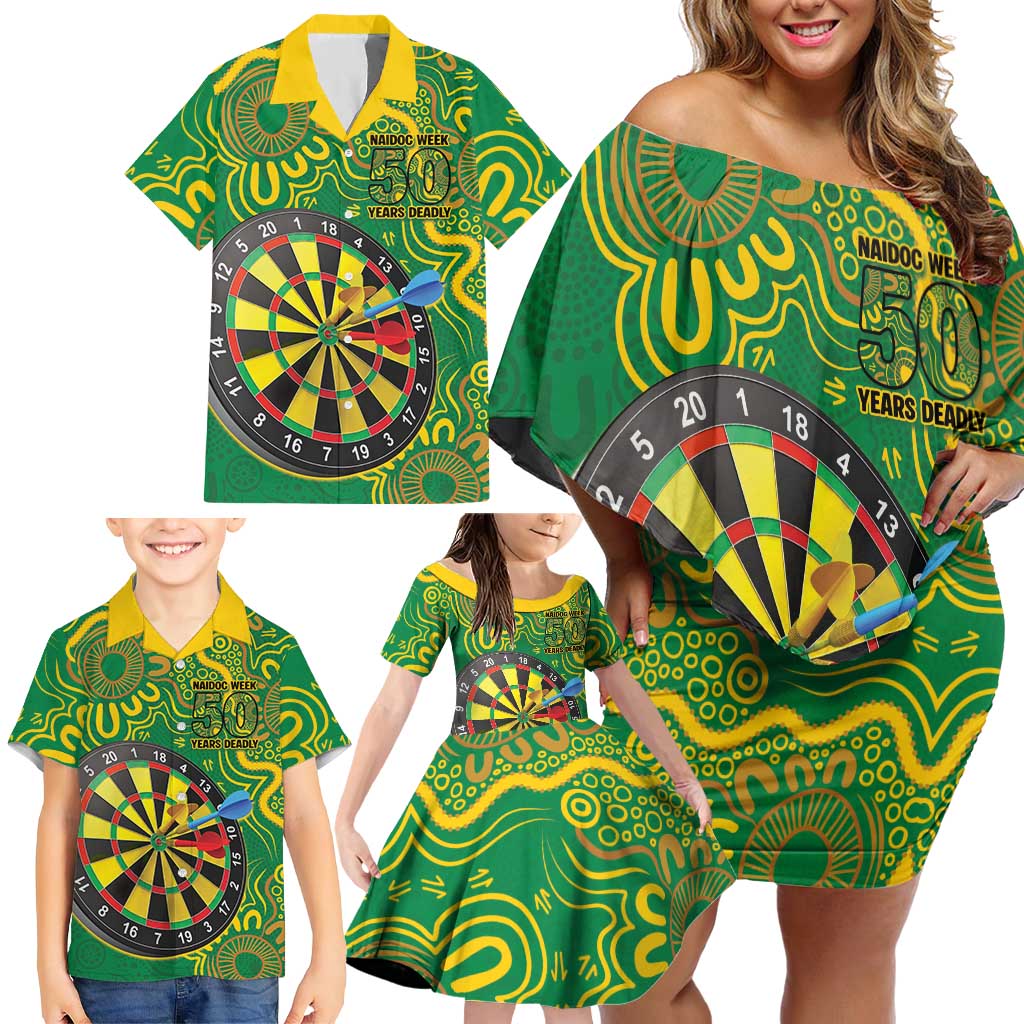 First Nations Darts NAIDOC 2026 Family Matching Off Shoulder Short Dress and Hawaiian Shirt Aboriginal Dot Art Dartboard Green