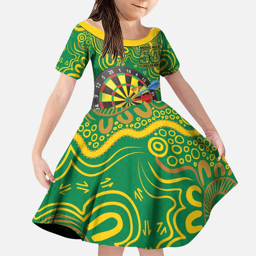 First Nations Darts NAIDOC 2026 Family Matching Off Shoulder Short Dress and Hawaiian Shirt Aboriginal Dot Art Dartboard Green