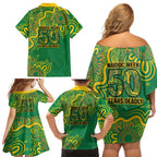 First Nations Darts NAIDOC 2026 Family Matching Off Shoulder Short Dress and Hawaiian Shirt Aboriginal Dot Art Dartboard Green